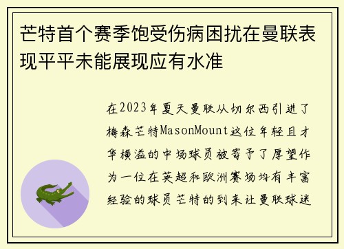 芒特首个赛季饱受伤病困扰在曼联表现平平未能展现应有水准